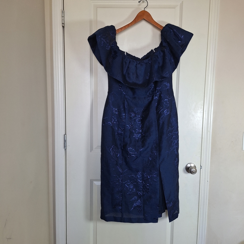 Monique Lhuillier Off The Shoulder Metallic Fil Coupe Midi Dress Size 12 - Picture 3 of 8